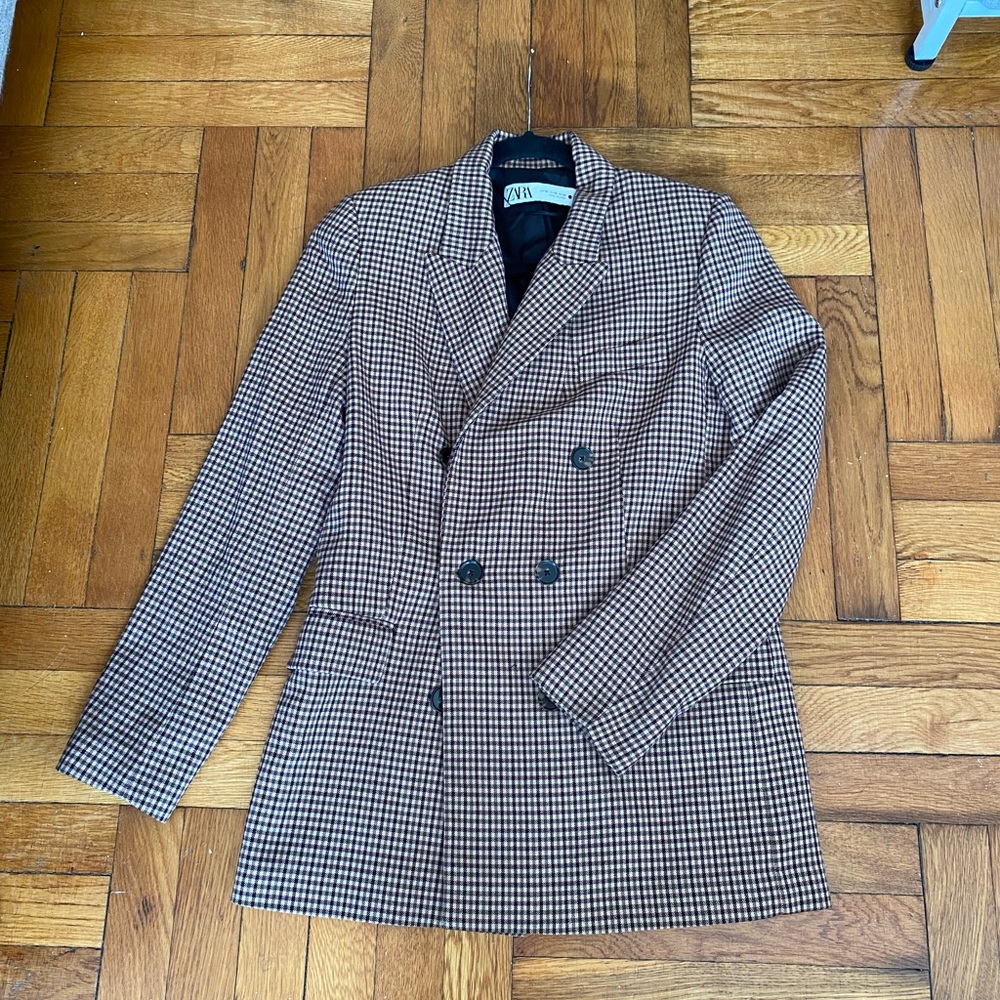 Zara Textured Brown Check Double Breasted Blazer Jacket Size XS - Picture 9 of 10